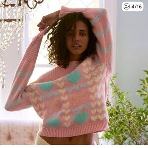 LoveShackFancy Pink and Blue Heart Pattern Sweater